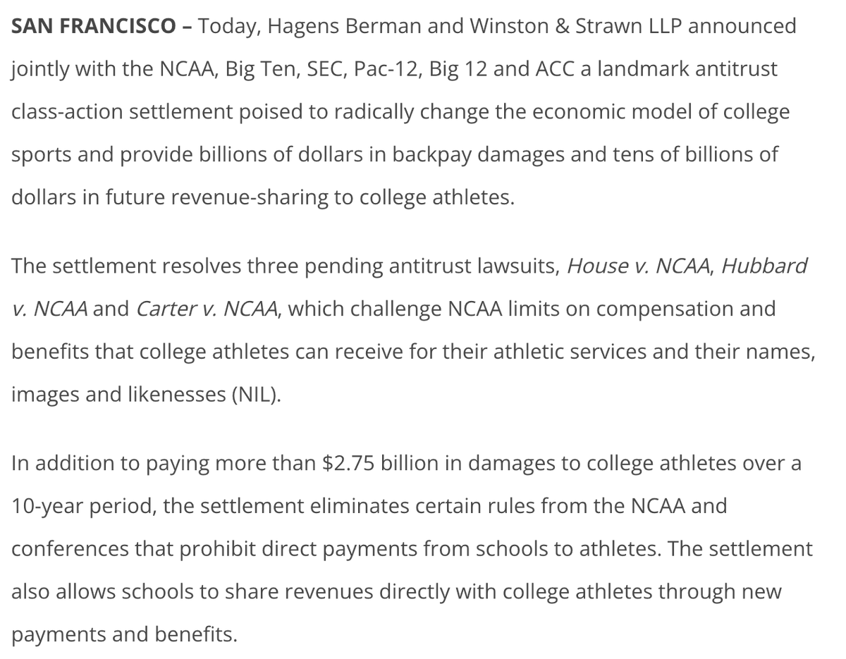 Hagens Berman and Winston & Strawn — the law firms repping the plaintiffs in House — announce the multi-billion dollar settlement against NCAA and Power 5 conferences. 'Today there is widespread recognition among college-sports athletes and fans that there is no justification