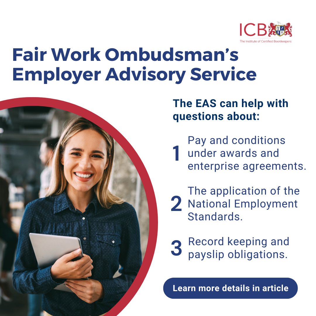 📢 Did you know about the Fair Work Ombudsman’s Small Business Employer Advisory Service (EAS)? 

Learn more here:
ow.ly/chX150RF6oo

#FairWork #SmallBusinessSupport #ICBCommunity #ICBAustralia