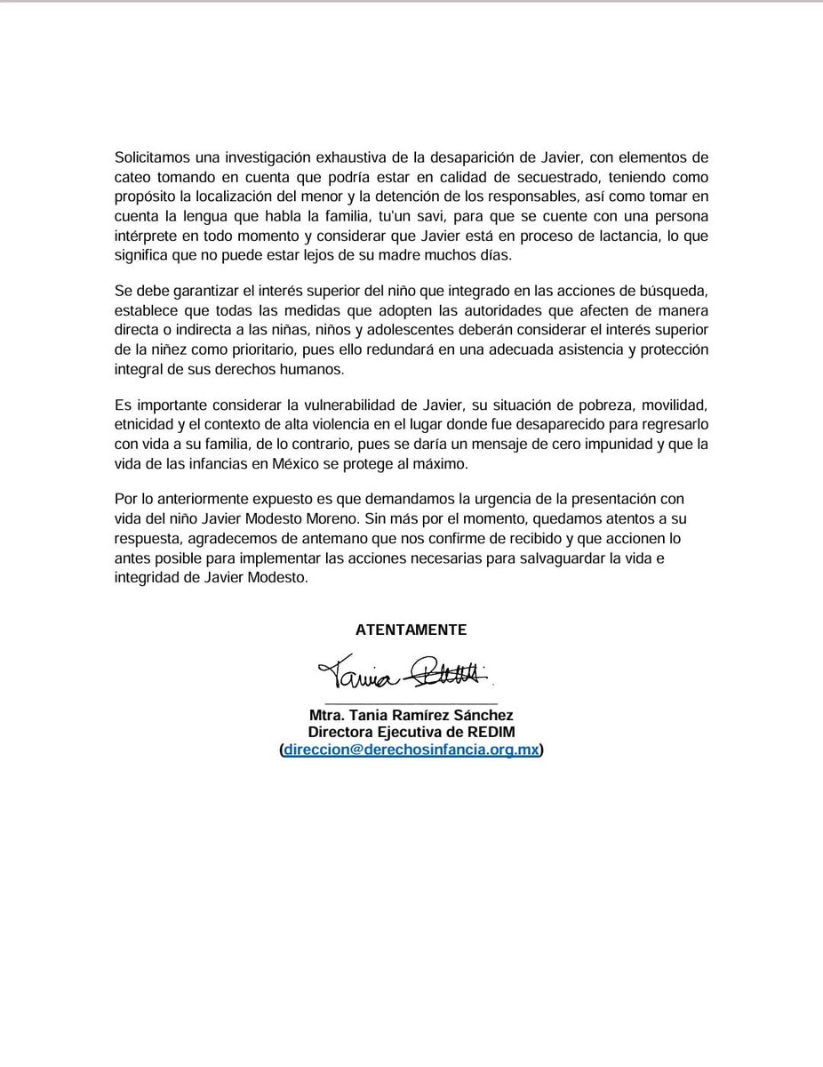⭕️ Desde #REDIM le solicitamos al gobernador <a href="/diegosinhue/">Diego Sinhue Rodríguez Vallejo</a> y demás autoridades de Guanajuato que se movilicen, con urgencia, para lograr búsqueda de Javier, un niño de 3 años originario del pueblo ñu´savi, quien fue desaparecido este miércoles 15 de mayo de 2024 #NiñezDesaparecida