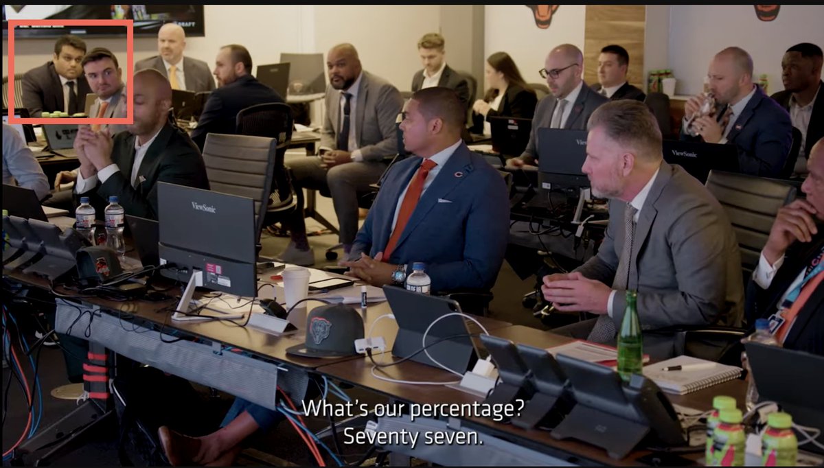 Cool to see the Bears Director of Football Analytics, Krithi Chandrakasan🇮🇳 in the draft room on draft night. AGM Ian Cunningham also said 77% chance Rome will be there at 9 (something I'm guessing Krithi's group built out 👀) Time to add it to the thread @StatsbyLopez