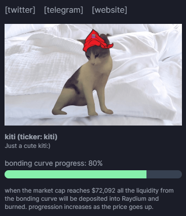 KitionSolana's tweet photo. 80% Of the bonding curve completed. Wont be long until $kitti is available through Raydium! https://t.co/CM64BMtRoD https://t.co/zGtKWPky0k