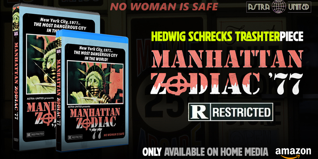Hedwig Schreck's Trashterpiece, Manhattan Zodiac '77 is final available on DVD and BR. Not coming to streaming anytime soon! Grab your copy now --> amzn.to/3ym7h77  

#ManhattanZodiac77 #Zodiac #horrormovie #slashermovie #bountyfilms #newhorror #horror2024