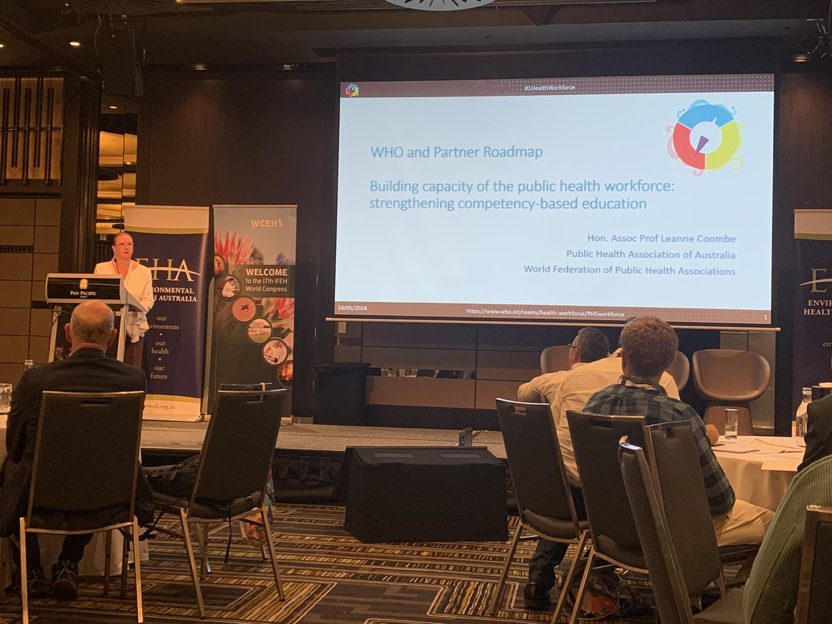Great to see @_PHAA_ Qld committee member Leanne Coombe presenting a keynote at @wceh2024 - the World Congress of Environmental Health in Perth. Leanne is showcasing the @WHOWPRO public health professional competency roadmap @EHA_LTD @WFPHA_FMASP @DrMelStoneham @naturopathamie