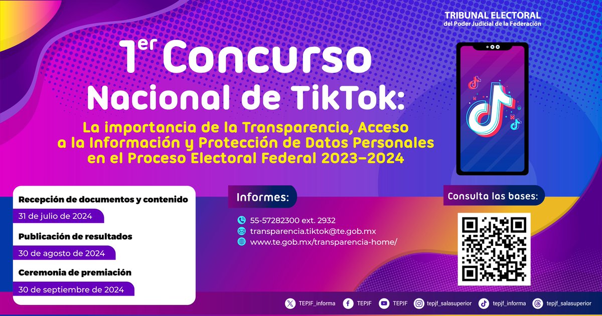 ⚖️El #TribunalElectoral te invita a participar en el Primer Concurso Nacional de TikTok: La importancia de la Transparencia, Acceso a la Información y Protección de Datos Personales en el Proceso Electoral Federal 2023-2024. 📄Consulta las bases en: te.gob.mx/transparencia-…