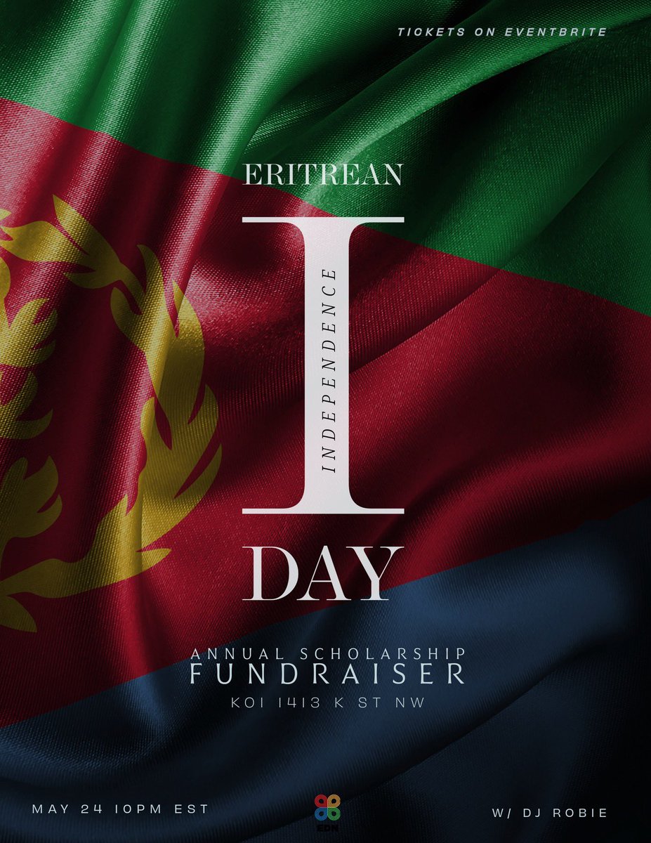 🌟 Join us TOMORROW for our Annual Independence Day Party/Scholarship Fundraiser! 🌟 Support the Eritrean Diaspora Network (EDN) Scholarship Fund and help us raise more for students.

🎟️ $35 TODAY, $40 tomorrow! 

Tickets 🔗 eventbrite.com/e/edn-independ…
 #Eritrea #eritreanindependence