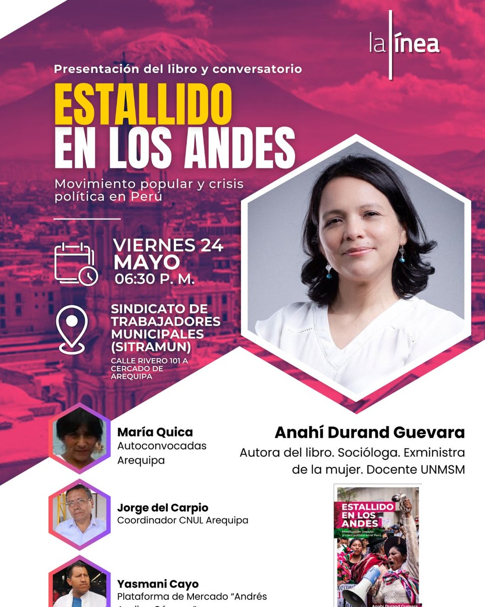 Seguimos en Arequipa! Nos vemos este viernes 24 de mayo a las 6.30pm nos vemos en Calle Rivero 101A (costado del cine Municipal) para presentar 'Estallido en los andes' y dialogar sobre la coyuntura política nacional. Mas información 👇