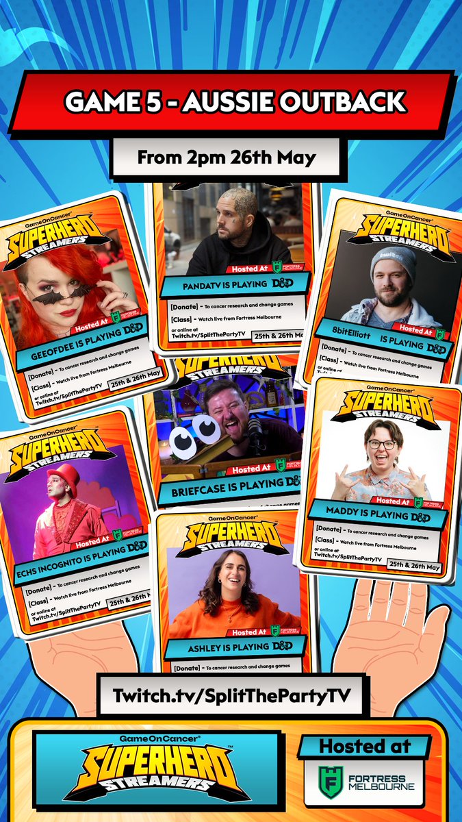 SplitThePartyTV's tweet photo. 2pm AEST Game 5 begins!

It's an Aussie Outback Worldbuilding Mystery!
DM - @NoFunBrown 
@PandaTVoce 
@echsIncognito 
@GeeOfDee 
@8bitElliott 
Ashley Apap
https://t.co/FHSdJzhyng
Maddy Weeks
https://t.co/Cxzv3Wpcbd https://t.co/RVSASkrCAH