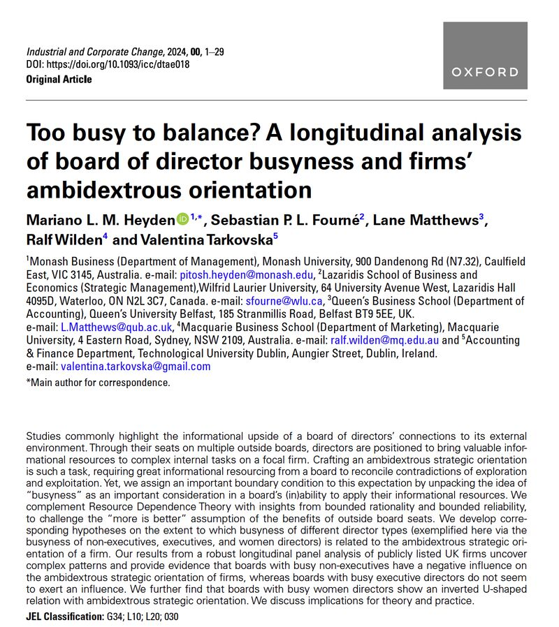 Ralf Wilden (@ralfwilden) on Twitter photo How can board members best shape the innovation direction of their firm? And: does it differ if they are busy female directors?
Joint work between <a href="/MonashUni/">Monash University</a> and <a href="/Macquarie_Uni/">Macquarie University</a> with <a href="/Pitrast/">Pitòsh Heyden</a>.
#innovation #ambidexterity #boards #TMT How can board members best shape the innovation direction of their firm? And: does it differ if they are busy female directors?
Joint work between <a href="/MonashUni/">Monash University</a> and <a href="/Macquarie_Uni/">Macquarie University</a> with <a href="/Pitrast/">Pitòsh Heyden</a>.
#innovation #ambidexterity #boards #TMT