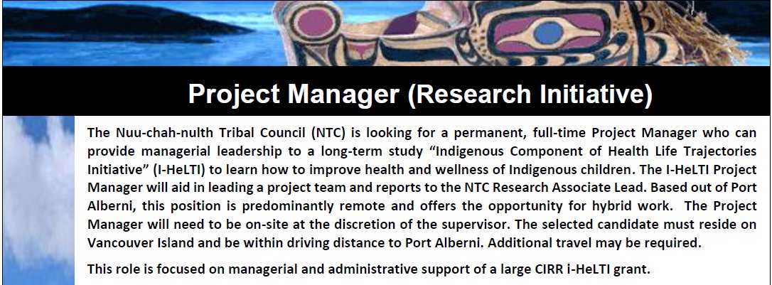 Great opportunity to join the I HeLTI project as Project Manager. Please consider applying: nuuchahnulth.org/job-posting/pr…