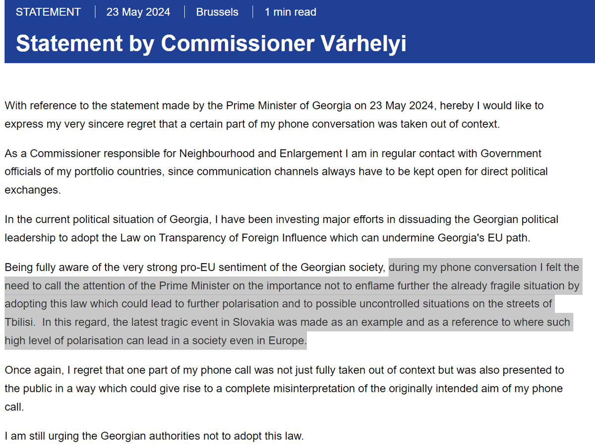 The Commissioner who made the 'death threat' to Georgia's Prime Minister outs himself: it's Olivér Várhelyi, Commissioner for 'Neighbourhood and Enlargement'. And yes even with the context, there's no denying that he did he tell the Prime Minister that adopting the law might
