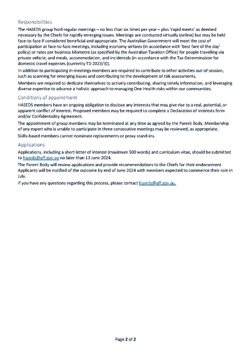 Expressions of interest invited for experts to be part of @daffgov @healthgovau Human Animal Spillover & Emerging Diseases Scanning (HASEDS) group, which delivers a national multi-sectoral One Health approach to the scanning &assessment of new emerging & re-emerging disease risks