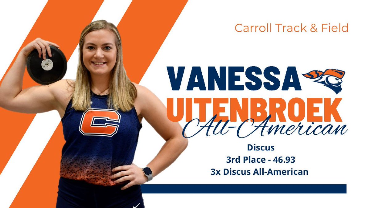 PiosXC's tweet photo. 🔸️🔹️ALL-AMERICAN🔹️🔸️
Our second All-American for the weekend! Vanessa Uitenbroek finishes 3rd in the Discus. This is her third All-American in the event.
#GoPios #CUTF #AllAmerican #Discus #Nationals #ThrowsU https://t.co/PXaY7vBttL