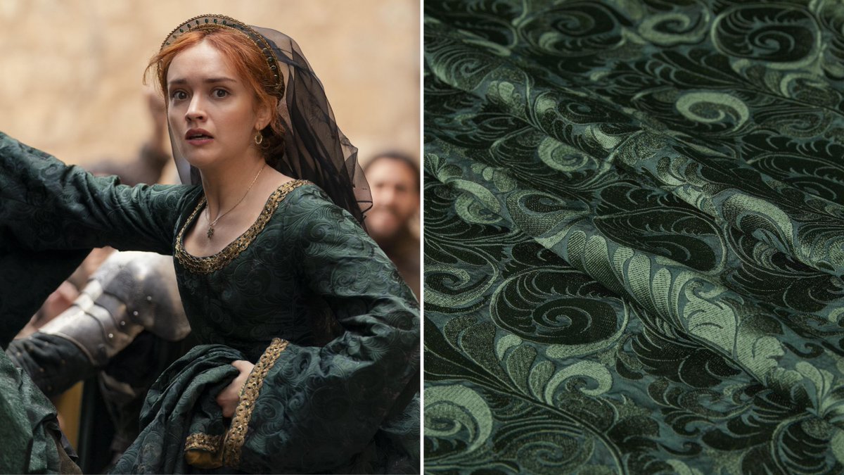 Alicent's #HOTD gown is made from this large (snail-like) swirl embroidered dupion in dark green.  The Fibonacci sequence bitches. #AlicentHightower #HouseoftheDragon