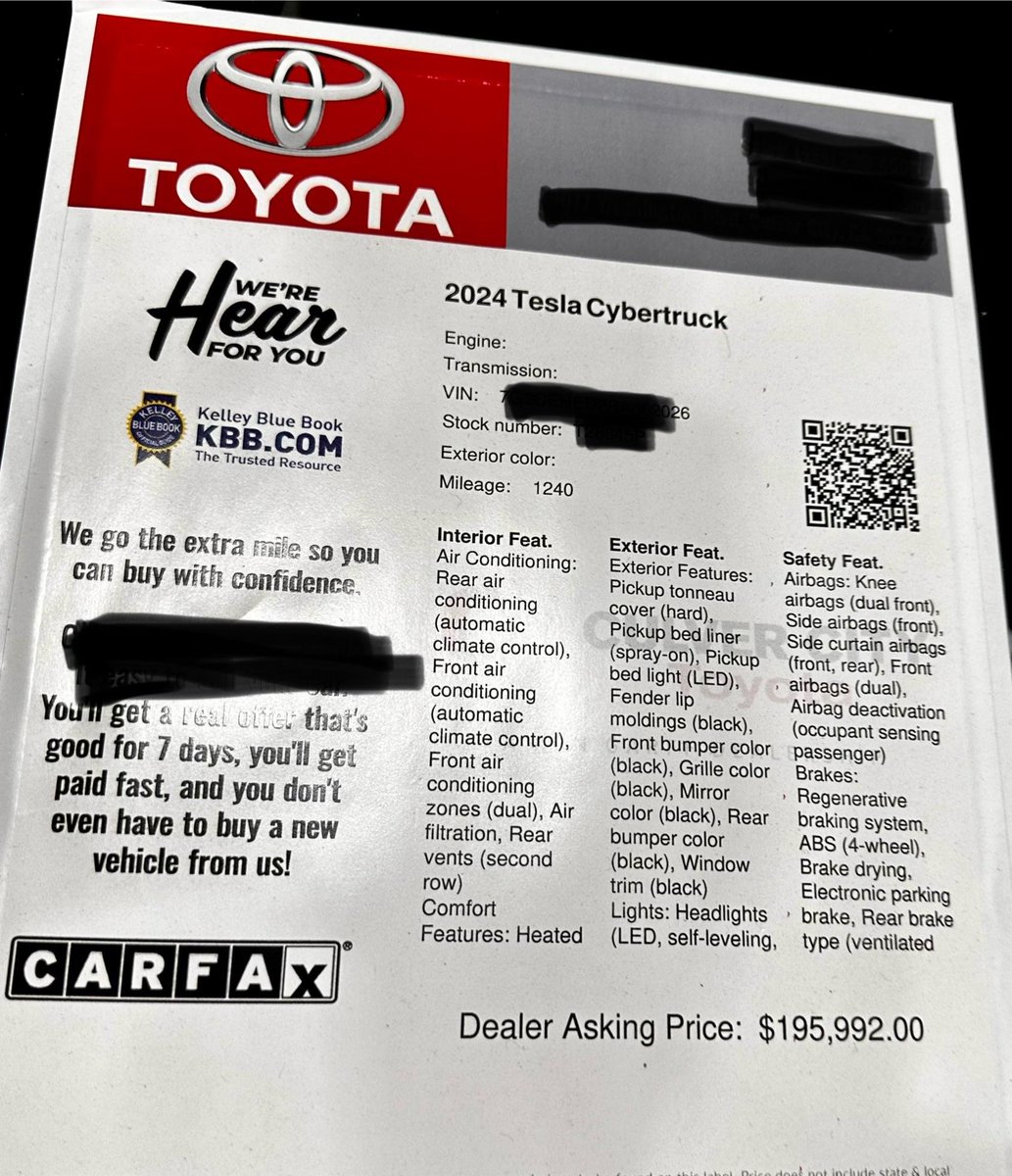Guy traded his clustertruck in on a new Toyota Tacoma after just 1200 miles. Said he hated it. Dealer was asking $195k yesterday, but already marked it down $20k today.
