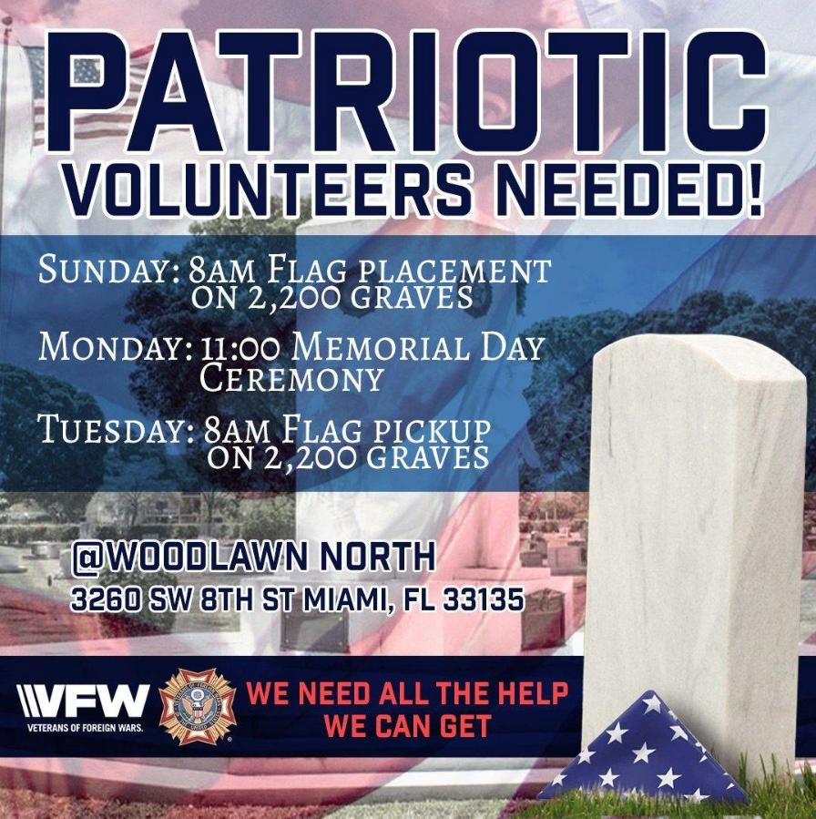 🇺🇸 Calling patriot volunteers! Please join us and the Veterans of Foreign Wars as we place 2,200 flags on veterans graves. Honor our fallen heroes this Memorial Day Weekend at Woodlawn North. Bring your friends and family. We hope to see you there! #wreathsaccrossamerica