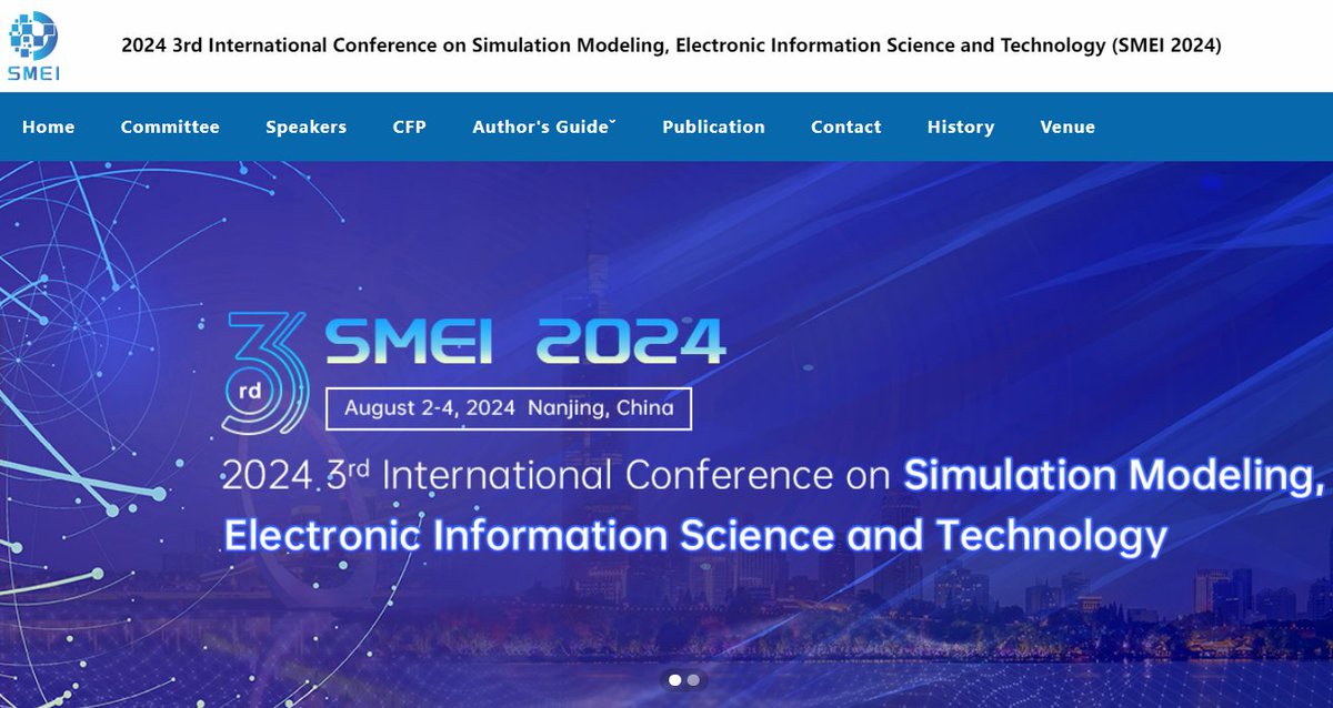 AiScholar01's tweet image. 2024 3rd International Conference on Simulation Modeling, Electronic Information Science and Technology (SMEI 2024) will be held on August 02-04, 2024 in Nanjing, China.
Conference Website:
ais.cn/u/I7FBbe
#internationalconference #Callforpaper #SimulationModeling