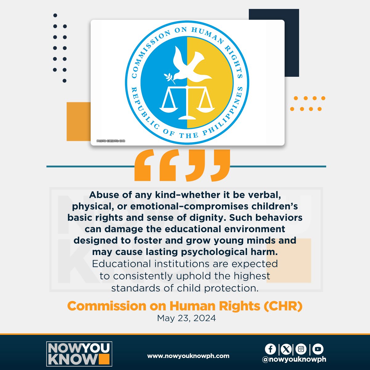 The Commission on Human Rights (CHR) said on Thursday that incidents of abuse should not happen in schools as these can adversely affect children’s development and their dignity. READ: tinyurl.com/45yapujh 📰Inquirer.net