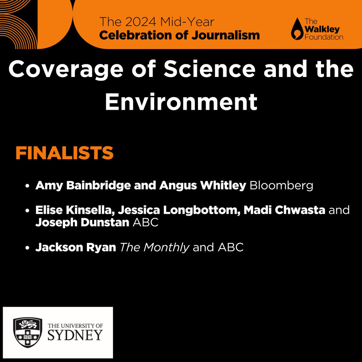 Walkley Foundation (@walkleys) on Twitter photo Congratulations to the 2024 Mid-Year finalists for Coverage of Science and the Environment, supported by <a href="/Sydney_Science/">Sydney Science</a>: <a href="/amy_bainbridge/">Amy_Bainbridge</a>, <a href="/AngusWhitley1/">Angus Whitley</a>, Bloomberg (<a href="/business/">Bloomberg</a>); <a href="/EliseK53/">Elise Kinsella</a>, <a href="/Jess_Longbottom/">Jessica Longbottom</a>, <a href="/madichwasta/">Madi Chwasta</a>, <a href="/josephdunstan/">Joseph Dunstan</a>, <a href="/abcnews/">ABC News</a>; <a href="/dctrjack/">jr đź©»</a>, <a href="/THEMONTHLY/">The Monthly</a>, <a href="/abcnews/">ABC News</a> Congratulations to the 2024 Mid-Year finalists for Coverage of Science and the Environment, supported by <a href="/Sydney_Science/">Sydney Science</a>: <a href="/amy_bainbridge/">Amy_Bainbridge</a>, <a href="/AngusWhitley1/">Angus Whitley</a>, Bloomberg (<a href="/business/">Bloomberg</a>); <a href="/EliseK53/">Elise Kinsella</a>, <a href="/Jess_Longbottom/">Jessica Longbottom</a>, <a href="/madichwasta/">Madi Chwasta</a>, <a href="/josephdunstan/">Joseph Dunstan</a>, <a href="/abcnews/">ABC News</a>; <a href="/dctrjack/">jr đź©»</a>, <a href="/THEMONTHLY/">The Monthly</a>, <a href="/abcnews/">ABC News</a>