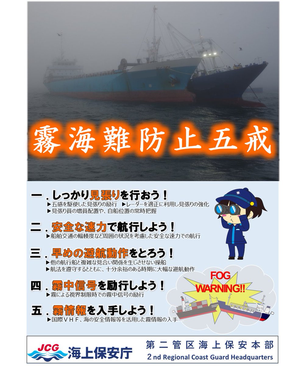 東北地方太平洋沿岸は、初夏から霧が多発するシーズンを迎えます。霧による視界不良のため、船舶の衝突、乗揚げ等の危険性が高まることから、 #第二管区海上保安本部 は6/1～8/15の間に #霧海難防止 活動を展開します。「霧海難防止五戒」を励行しましょう。 #二管海保 www6.kaiho.mlit.go.jp/02kanku/anzen.…