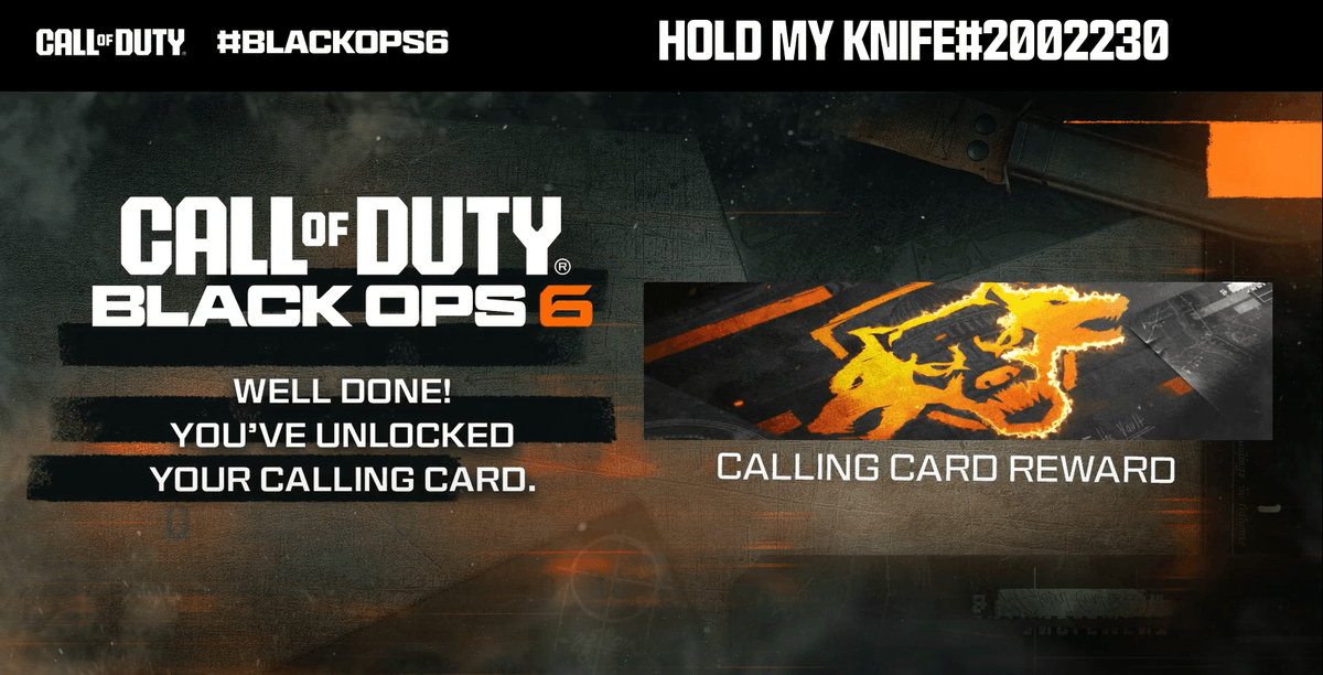 CallofDuty's tweet photo. @Avoid_isyumad @Avoid_isyumad WELL DONE! 

 YOU'VE UNLOCKED YOUR CALLING CARD.

 It'll be waiting for you on day 1 of Black Ops 6 🤝 https://t.co/g5x6Kd5nTz