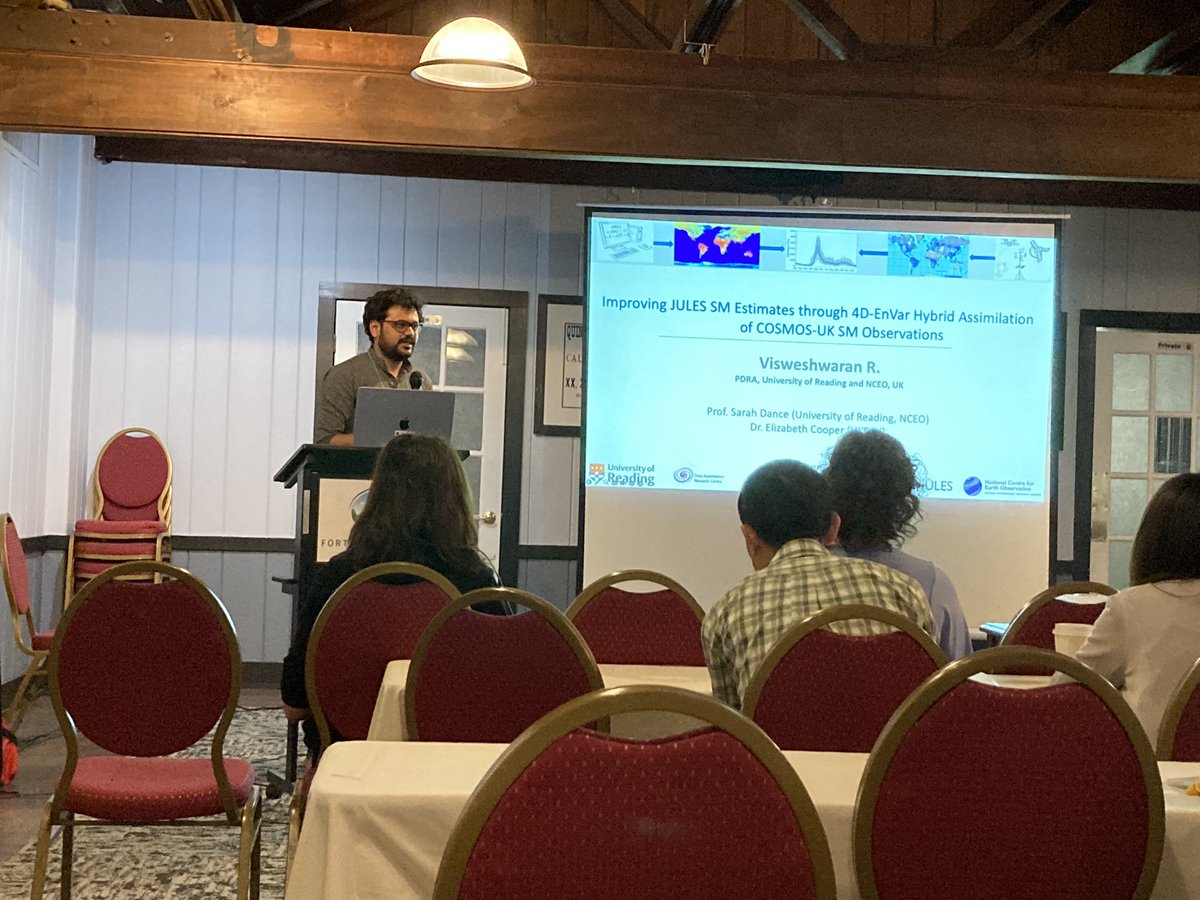 UniRdg_DARC's tweet photo. In todays Adjoint workshop session ‘Applications of Data Assimilation’ we heard from both @viswesh244 and @LRisley21 about land surface and ocean data assimilation! https://t.co/3b4BtBNdJu