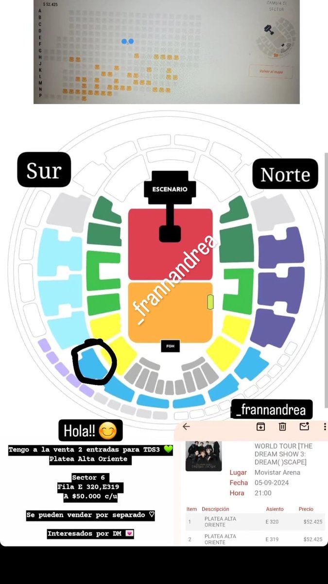 franhope94's tweet photo. Hola! Tengo a la Venda 2 entradas platea alta oriente Fila E 320,E319 
A $50.000 c/u se pueden venderse por separado 💚💚

#TDS3INSANTIAGO #NCTDREAM_THEDREAMSHOW3_SANTIAGO
#NCTDREAM https://t.co/BA2BwFWHJ8