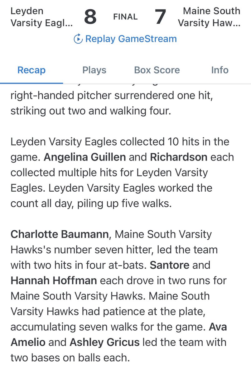 Your BIRDS 🦅 fought off a senior-dominated & well-coached #2 seed Maine South to win its 5th Regional Championship & 18th IHSA Playoff game since 2010. @LeydenSoftball @Leydenathletics @IHSAScoreZone @MaxPreps #birds
