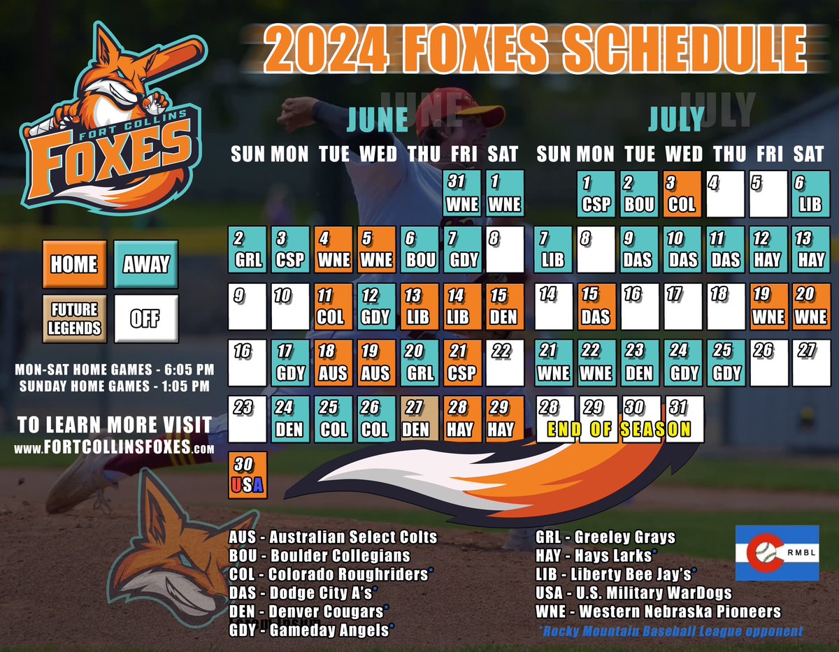 ‼️UPDATED SCHEDULE‼️ 

Mark your calendars, the Foxes have updated their schedule! 🦊Can’t wait to see you there, the countdown begins…

#fortcollins #focofoxes #citypark #baseball #foco