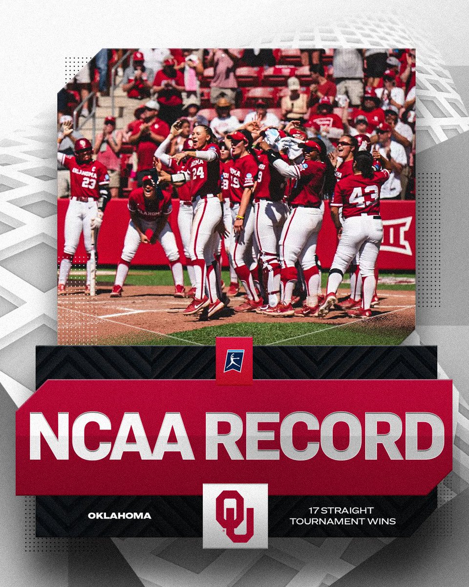 Another record for the Sooners! 🤩 @OU_Softball has now won 17 consecutive NCAA Tournament games, which is the most all-time in DI! #RoadToWCWS