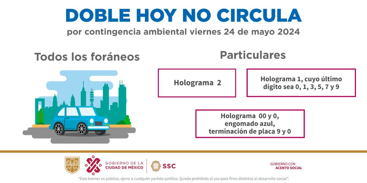 La <a href="/CAMegalopolis/">CAMegalópolis</a> informa que se mantiene #ContingenciaAmbiental por ozono, mañana viernes 24 de mayo el programa #HoyNoCircula aplica a vehículos con holograma 2, holograma 1 terminación de placa 0, 1, 3, 5, 7 y 9; también holograma 0 y 00 engomado azul terminación 9 y 0, de