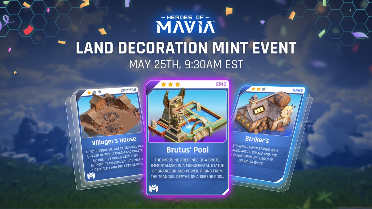 Get your Ruby ready! ♦️ Our Land Decoration Mint Event will be on May 25th at 9:30 AM EST. Minting will be done inside the Mavia game inside the Ruby Marketplace!