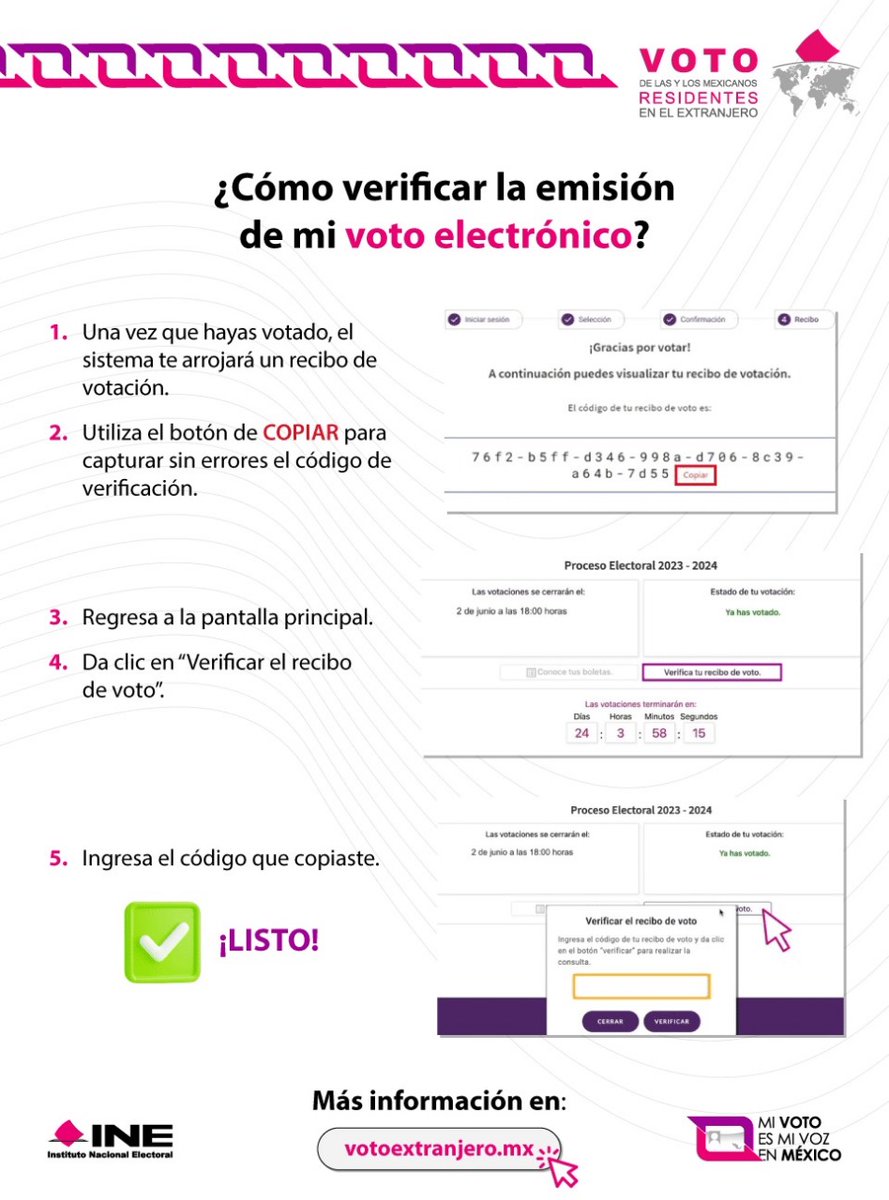 🌏 Las y los mexicanos que emitirán su #VotoExtranjero en las #Elecciones2024MX, podrán consultar la verificación de la emisión de su #VotoElectrónico de forma fácil ¡Conoce los pasos aquí! 👇🏼 votoextranjero.mx