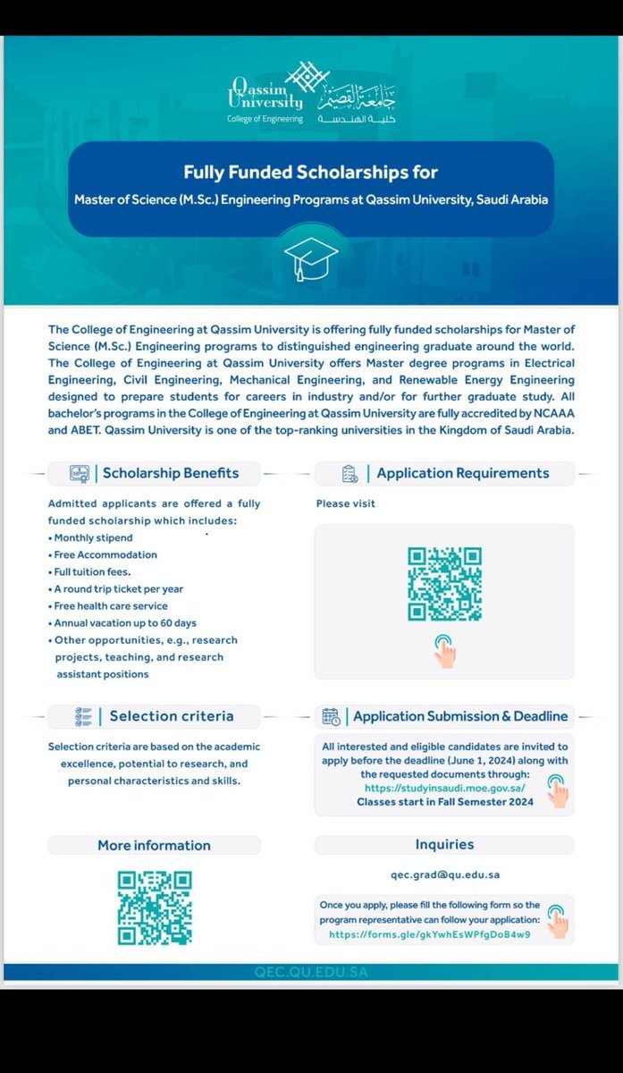 Qassim University offers fully funded scholarships for Master of Science (MSc)  programs in Electrical, Civil, Mechanical, and Renewable Energy Engineering.  

Link: studyinsaudi.moe.gov.sa 
Deadline: June 1, 2024. 

Don't miss out on this opportunity! Retweet or tag someone…