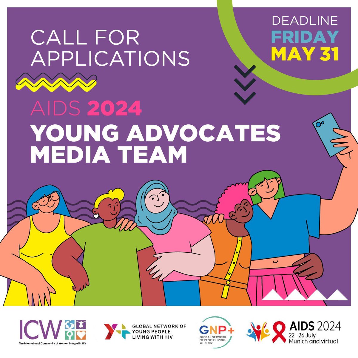 Call for applications is now open for young advocates to join the Social Media Advocacy Program for the @AIDS_conference. Y+ Global, @ICW_Global & @gnpplus have partnered on this initiative aimed at increasing youth engagement & visibility at the conference. Fill the form 👉🏼