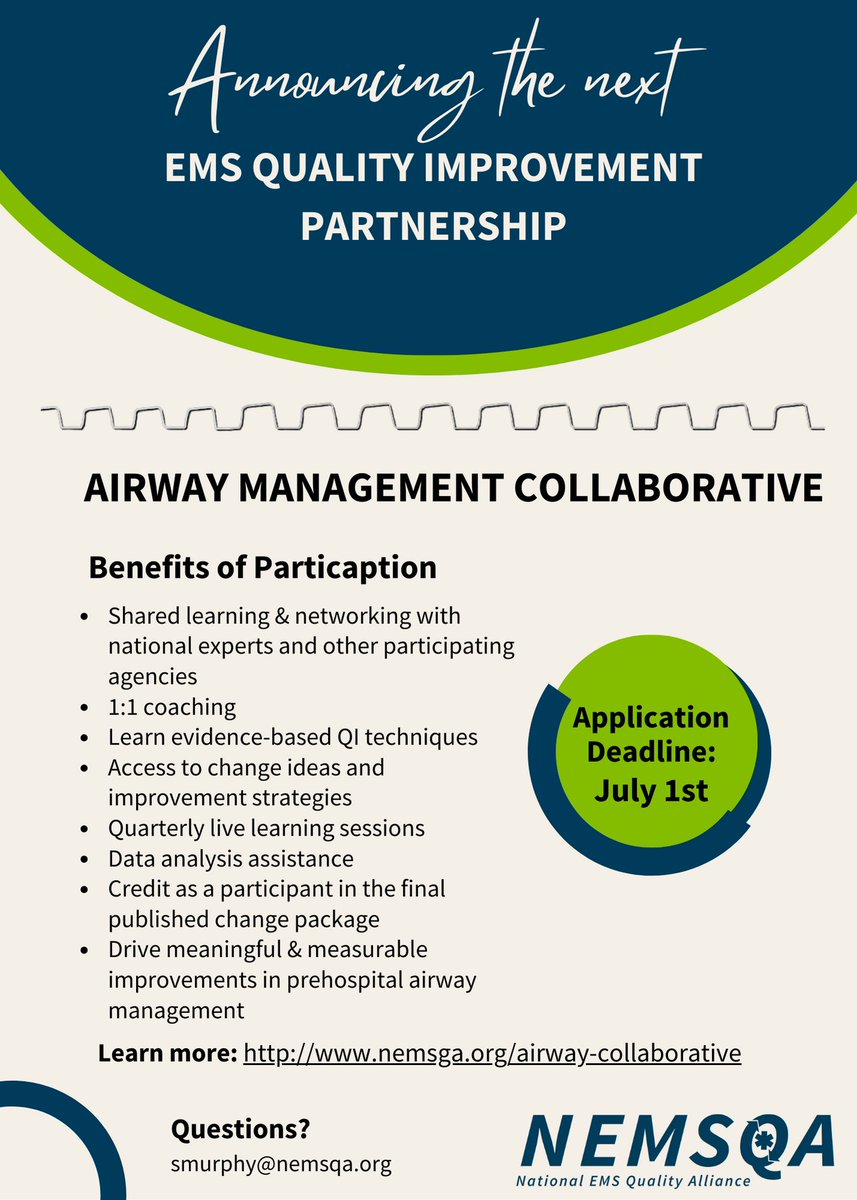 National EMS Quality Alliance (NEMSQA) (@qualityems) on Twitter photo Improve safety & effectiveness of prehospital airway management. The sequel to the Lights & Siren Collaborative, the Airway Collaborative, application is open! nemsqa.memberclicks.net/index.php?opti…
Informational webinar June 6 at 10:00 am CT. prodigyems.zoom.us/meeting/regist…
nemsqa.org/airway-collabo… Improve safety & effectiveness of prehospital airway management. The sequel to the Lights & Siren Collaborative, the Airway Collaborative, application is open! nemsqa.memberclicks.net/index.php?opti…
Informational webinar June 6 at 10:00 am CT. prodigyems.zoom.us/meeting/regist…
nemsqa.org/airway-collabo…