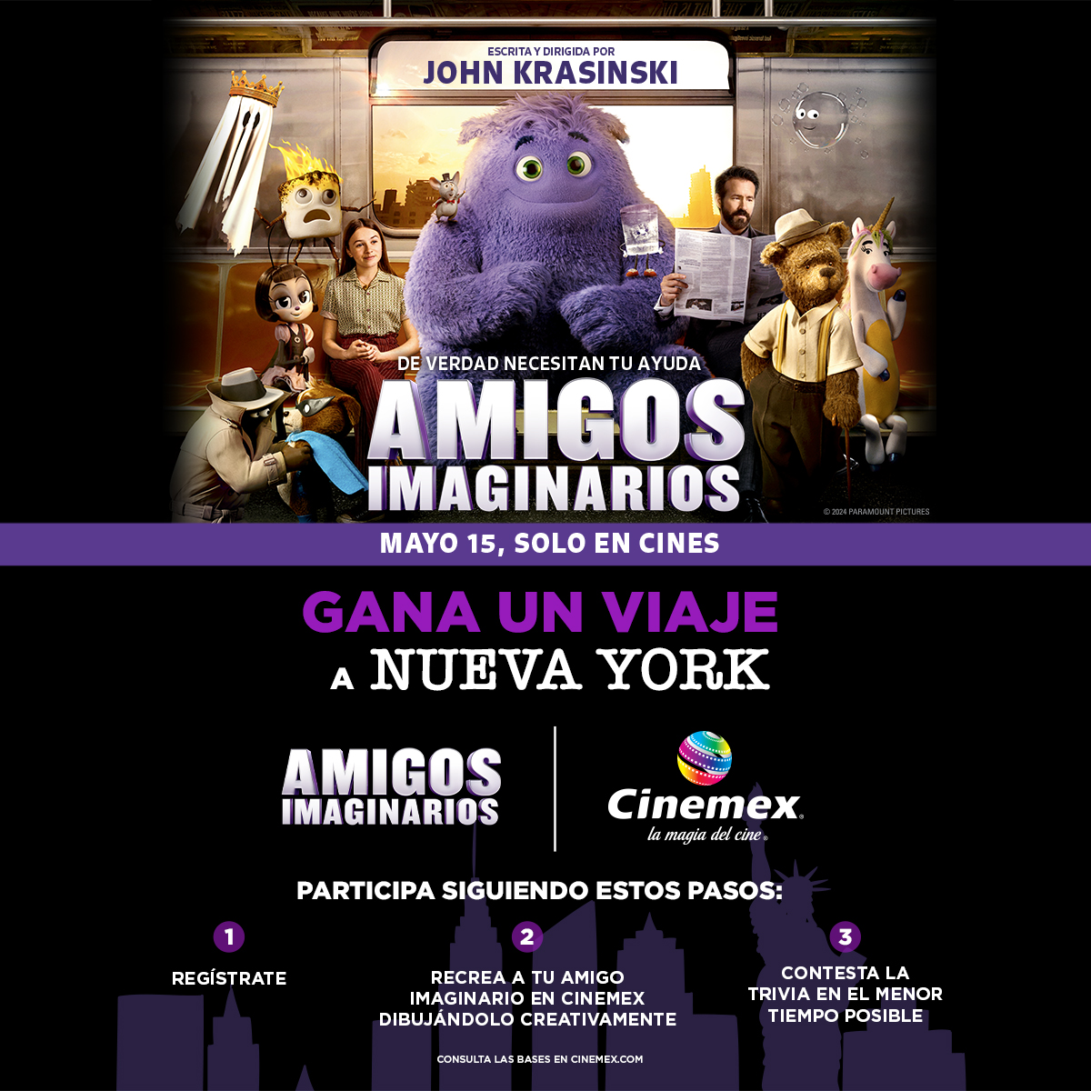 ¿Quieres conocer Nueva York y llevar a tu AMI? 💜 Ven a Cinemex a ver #AmigosImaginarios, sigue los pasos y estrás participando para conocer La Gran Manzana. Landing: bit.ly/LANDINGIF-CMX Promo: bit.ly/PROMOIF-CMX