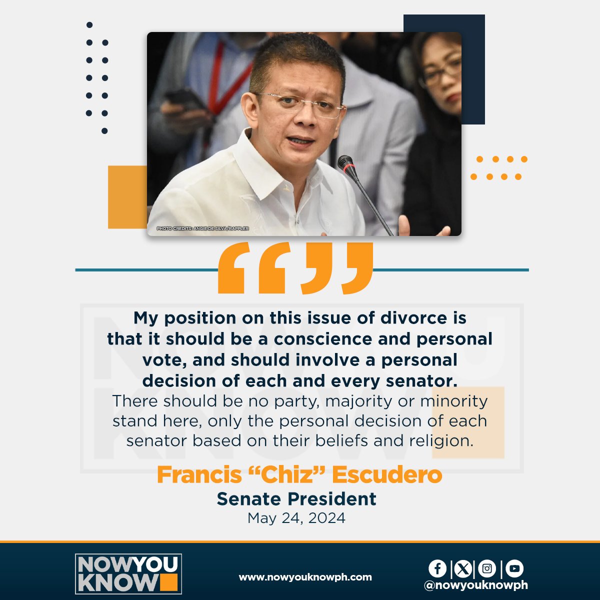 Senate President Francis Escudero on Thursday said there was no common stand in the Senate on the matter of divorce in the country and he would not try to influence the passage of the proposal once it reaches the chamber. READ: tinyurl.com/bddzj962 📰Inquirer.net