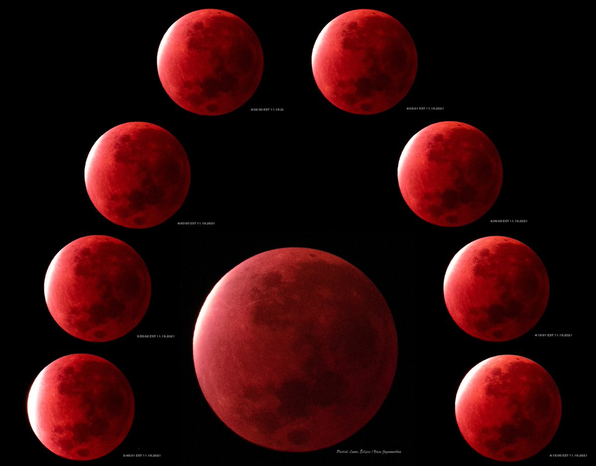 SansPeurVJ's tweet photo. @CanonUSA Partial Lunar Eclipse of 19 November 2021 taken with a CANON REBEL T7i attached to a SpaceCat 51 scope. The eclipsed images are viewed clockwise from bottom left. The larger central image shows the moon about 5 seconds beyond the point of maximum eclipse. https://t.co/KlCsta97YG https://t.co/7AKHH8bmQe
