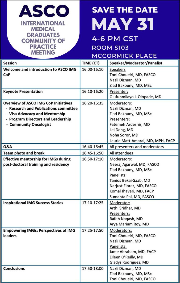 The agenda includes talks from: 🔶Early career trainees 🔶Seasoned faculty 🔶IMGs & IMG allies We will have time for Q&A and opportunities to meet the speakers! Stay tuned to learn how you can contribute to the @ASCO #IMG CoP #ASCO24💫 @OncoAlert