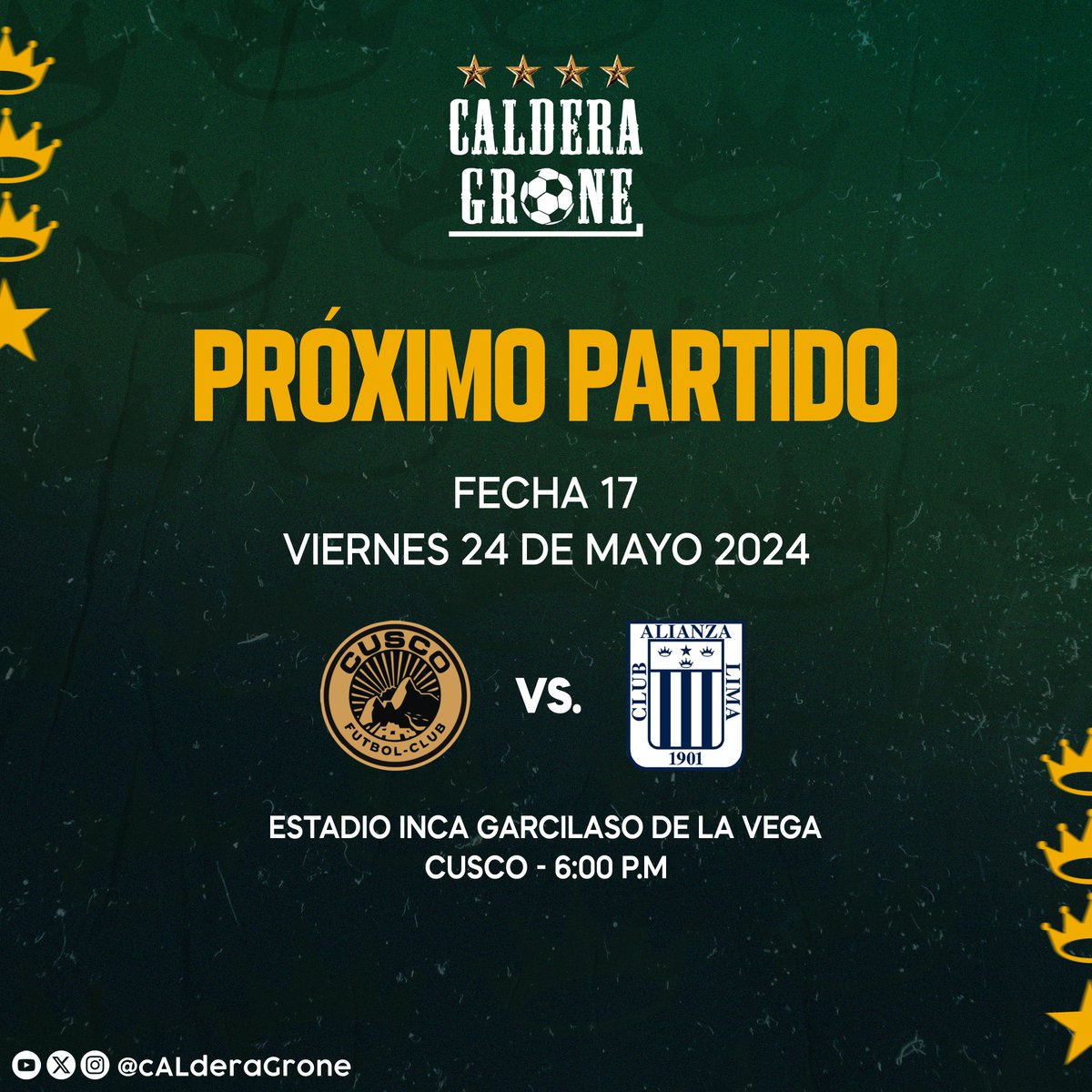 🔜⚽ Próximo Partido

🆚 Cusco Fc
📅 Viernes 24/05
🕣 6:00 pm
🏟 Estadio Inca Garcilaso de la Vega
🏆: @ligafutprof

#ArribaAlianza