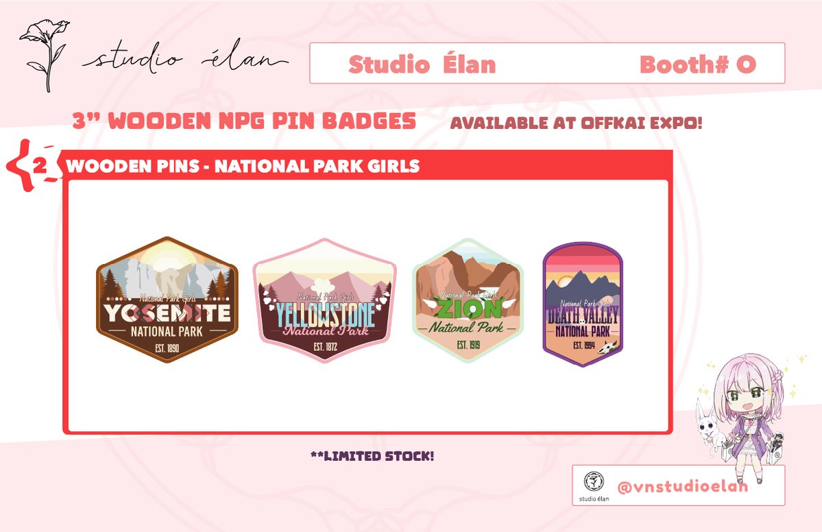 Debuting some new items for Studio Élan at OffKai! 
I've had these designs done awhile back, I'm glad to finally show them off! 

NPG Pin Badges are also limited in stock, so grab them while you can if you're stopping by!