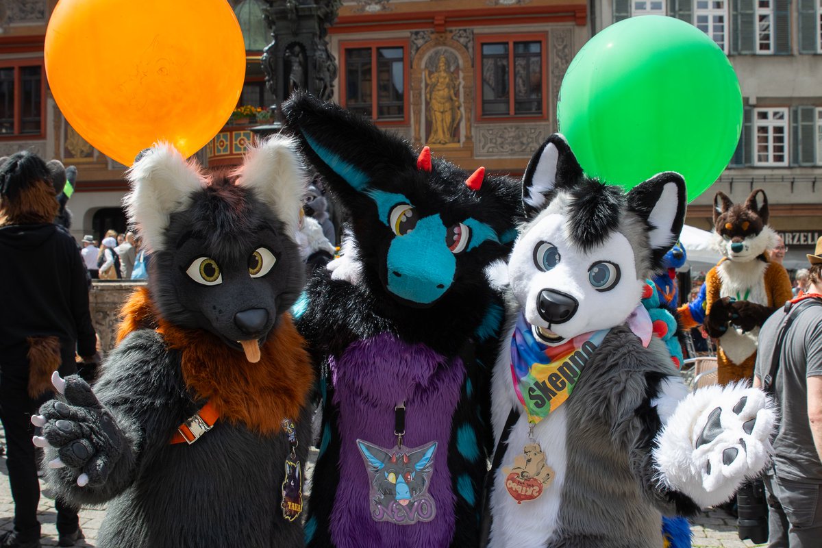 Happy #FursuitFriday! Wish you all a great weekend. 📸 @YakumoSSB 🧵 @whitewingsuits 🐶 @SkeppoBalloon / @SchneeCreations 🐉 @nevo_the_dragon 📍FurMeet Tübingen Check out my NEWS Channel: t.me/chaoswoelfin_o… #furry #furryfandom #FursuitEveryday #suitwalk