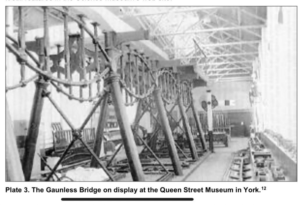 This spindly dude is the Gaunless Bridge, designed by George Stephenson in 1823; removed in 1901. One of the first railway bridges made of iron, and the first to use an iron truss. It’s been restored &amp; repainted to original colours; it’s today  displayed on New Hall approach.