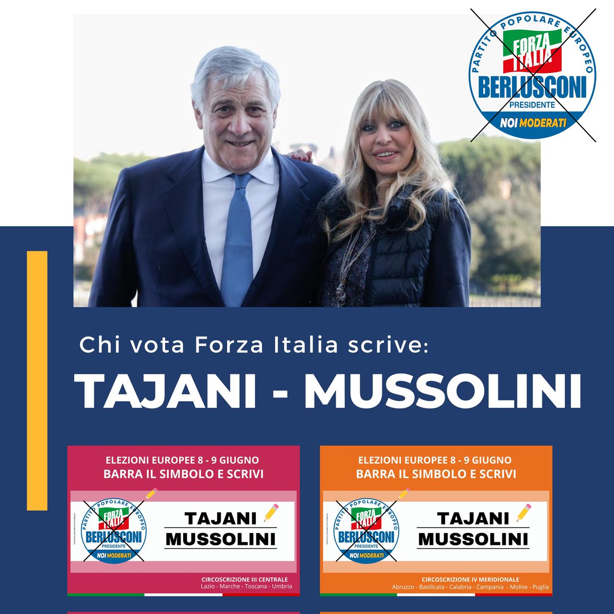 L'8 e il 9 giugno
chi vota #ForzaItalia
scrive Tajani e Mussolini
#scrivimussolini #mussolini2024 #elezionieuropee2024 #parlamentoeuropeo