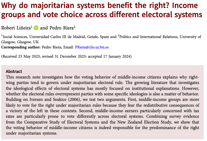 PSRMJournal's tweet photo. 🗳️Why do majoritarian electoral systems benefit the right?

➡️@rlineira &amp; @RieraPedro show that middle-income voters concerned with taxation are keener to adjust their behavior depending on the electoral rules than unconcerned voters https://t.co/GT3dKxylH7 #FirstView https://t.co/8QWIrhUSim
