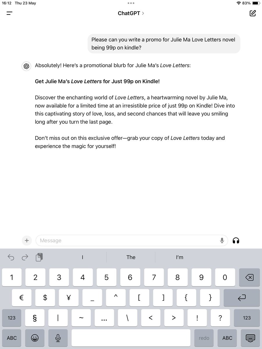 reallyjuliema's tweet photo. So I got AI to do me some promo for Love Letters being a 99p Kindle Book for May and then I did one myself. Here are the rather lyrical results! 👩🏻‍💻🤖 #loveletters #99pbooks https://t.co/ujLpvuIAdZ