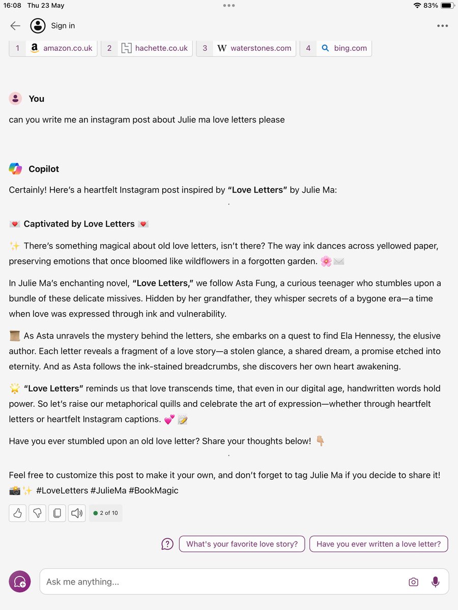 reallyjuliema's tweet photo. So I got AI to do me some promo for Love Letters being a 99p Kindle Book for May and then I did one myself. Here are the rather lyrical results! 👩🏻‍💻🤖 #loveletters #99pbooks https://t.co/ujLpvuIAdZ