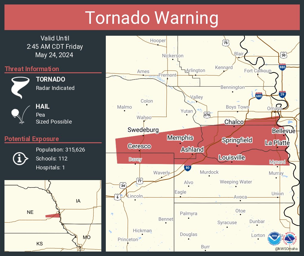 Tornado Warning including Bellevue NE, Papillion NE and La Vista NE until 2:45 AM CDT