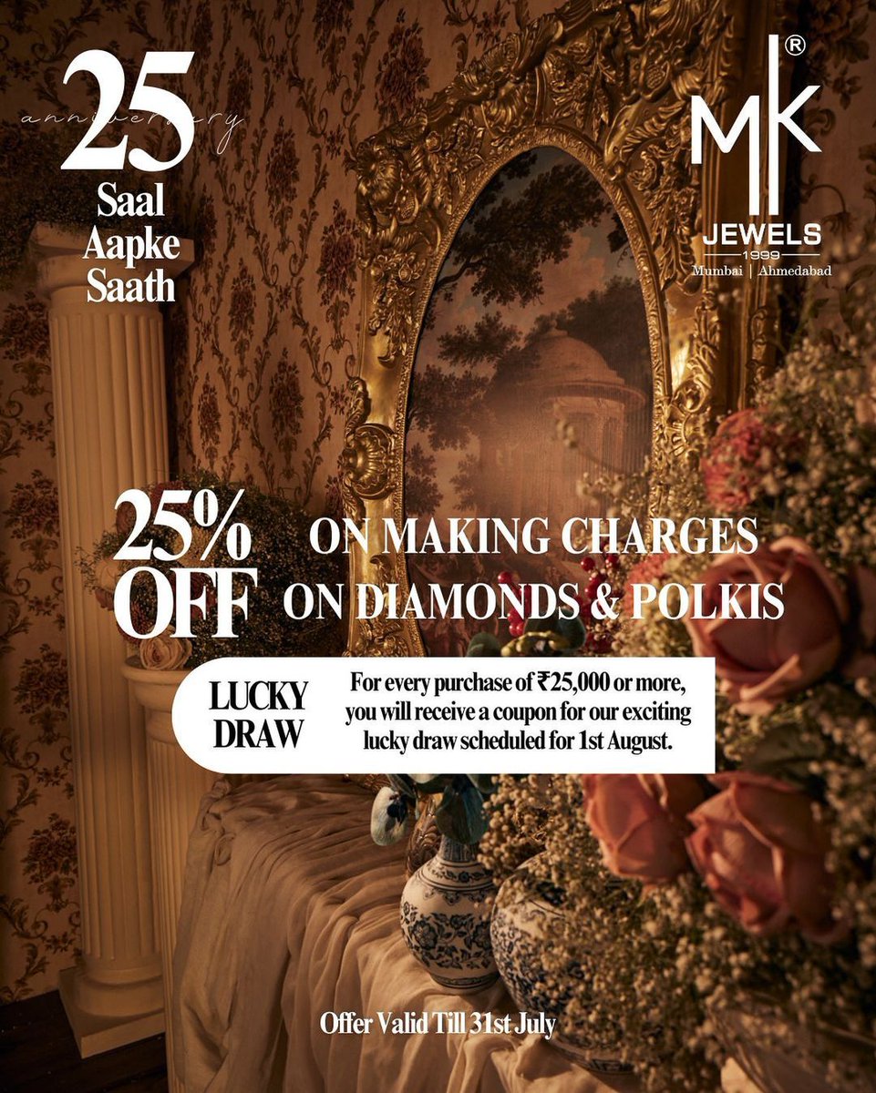 MkJewelsIndia's tweet photo. Let each piece from MK JEWELS’ high jewellery collection add a touch of grandeur to your outfits.

Benefit from 25% OFF on making charges and Diamond and Polki Jewellery. And get a coupon with purchases over ₹25,000 for a lucky draw entry scheduled for 1st August. https://t.co/jSVjK8hzZ9