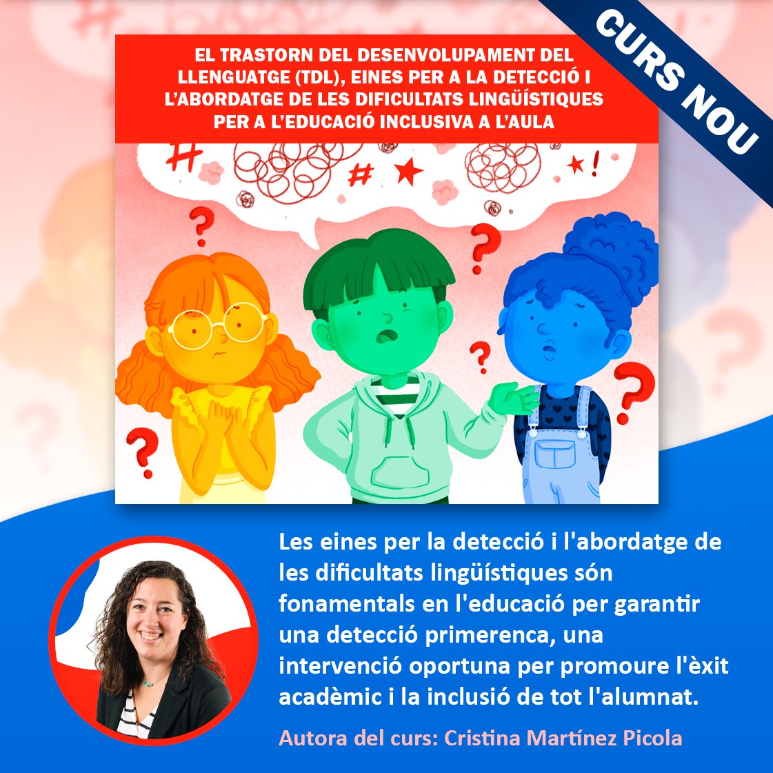 SomDocents's tweet photo. Estrem curs! L’objectiu és dotar al personal docent d’eines i recursos per tal de detectar les dificultats lingüístiques a l’aula, col·laborar en el procés de diagnòstic i ajudar infants i adolescents en el seu dia a dia a l’aula. Matricula-t'hi!

https://t.co/7zlp3CniOB https://t.co/sa5pASUOpK